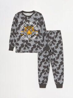Пижамный комплект для мальчика с круглым вырезом и длинными рукавами с принтом LCW Kids, черный с принтом