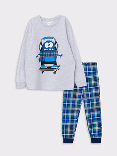 Пижамный комплект для мальчика с круглым вырезом и длинными рукавами с принтом LCW Kids, светло-серый меланж