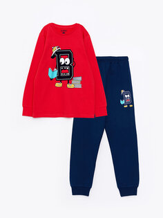 Пижамный комплект для мальчика с круглым вырезом и длинными рукавами с принтом LCW Kids, яркий красный