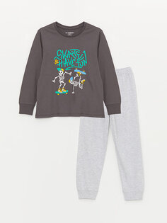 Пижамный комплект для мальчика с круглым вырезом и длинными рукавами с принтом LCW Kids, светлый антрацит