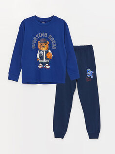 Пижамный комплект для мальчика с круглым вырезом и длинными рукавами с принтом LCW Kids, светло-темно-синий
