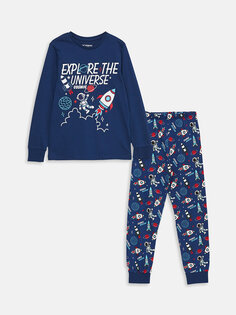 Пижамный комплект для мальчика с круглым вырезом и длинными рукавами с принтом LCW Kids, темно-синий