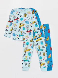 Пижамный комплект для мальчика с круглым вырезом и длинными рукавами с принтом, 2 предмета LCW baby, синий принт