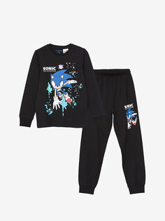 Пижамный комплект для мальчика с круглым вырезом и принтом Sonic, длинными рукавами LCW Kids, новый черный