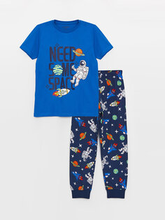 Пижамный комплект для мальчика с круглым вырезом и принтом с короткими рукавами LCW Kids