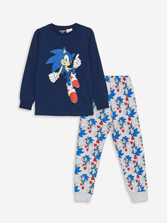 Пижамный комплект для мальчика с круглым вырезом и принтом Sonic, длинными рукавами LCW Kids, темно-синий
