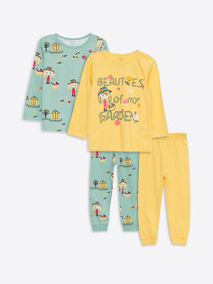 Пижамный комплект из двух предметов для маленьких девочек с круглым вырезом и длинными рукавами с принтом LCW baby, желтый