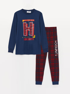 Пижамный комплект с длинными рукавами и круглым вырезом для мальчика с принтом «Гарри Поттер» LCW Kids, темно-синий