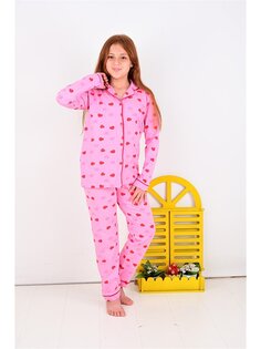 Пижамный комплект с длинными рукавами для девочек с воротником рубашки и принтом Vitmo Vitamin, темно-розовый