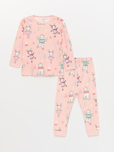 Пижамный комплект с длинными рукавами и круглым вырезом для маленьких девочек LCW baby, светло-розовый с принтом