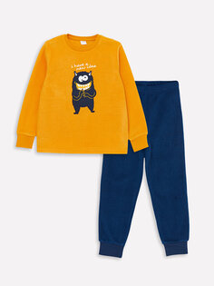 Пижамный комплект с длинными рукавами и круглым вырезом для мальчика с вышивкой LCW Kids, темно-желтый