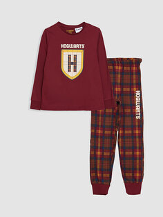 Пижамный комплект с длинными рукавами и круглым вырезом для мальчика с принтом «Гарри Поттер» LCW Kids, бургундия