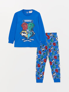 Пижамный комплект с длинными рукавами и круглым вырезом для мальчика с принтом «Гарри Поттер» LCW Kids, средний синий