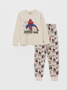Пижамный комплект с длинными рукавами и круглым вырезом для мальчиков с принтом «Человек-паук» LCW Kids, бежевый меланж