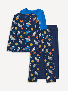 Пижамный комплект с длинными рукавами и круглым вырезом для мальчика, 2 предмета LCW Kids, яркий синий