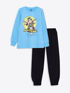 Пижамный комплект с длинными рукавами и круглым вырезом для мальчиков с ностальгическим принтом обезьяны LCW Kids, синий