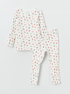 Пижамный комплект с длинными рукавами и круглым вырезом для маленьких девочек LCW baby, экрю с принтом