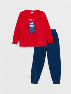 Пижамный комплект с длинными рукавами и круглым вырезом для мальчика с вышивкой LCW Kids, яркий красный