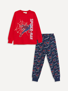Пижамный комплект с длинными рукавами и круглым вырезом для мальчиков с принтом «Человек-паук» LCW Kids, яркий красный