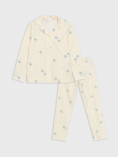 Пижамный комплект с длинными рукавами для девочек с воротником рубашки и принтом LCW Kids