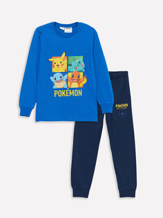 Пижамный комплект с длинными рукавами для мальчика с круглым вырезом и принтом покемонов LCW Kids