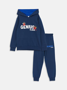 Пижамный комплект с капюшоном и принтом для мальчиков с длинными рукавами LCW Kids, темно-синий