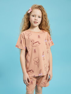 Пижамный комплект с короткими рукавами и шортами для девочек с круглым вырезом и принтом Pija Pija, коралл