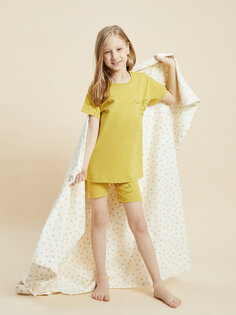 Пижамный комплект с короткими рукавами и шортами для девочек с круглым вырезом и принтом Pija Pija, темно-желтый