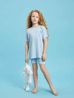 Пижамный комплект с короткими рукавами и шортами для девочек с круглым вырезом и принтом Pija Pija, голубое небо