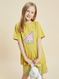 Пижамный комплект с короткими рукавами и шортами для девочек с круглым вырезом и принтом Pija Pija, горчица