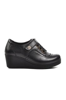 25821-1 Черные кожаные женские классические туфли на танкетке Ayakmod