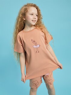 Пижамный комплект с короткими рукавами и шортами для девочек с круглым вырезом и принтом Pija Pija, коралл