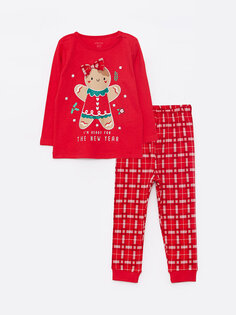 Пижамный комплект с круглым вырезом и длинными рукавами в новогоднем стиле для маленьких девочек LCW baby, яркий красный