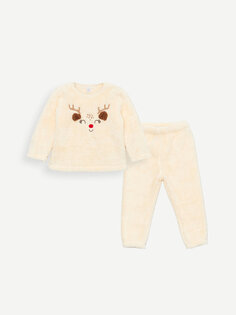 Пижамный комплект с круглым вырезом и длинными рукавами в новогоднем стиле для маленьких девочек LCW baby, кремового цвета
