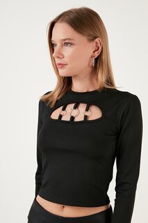 Укороченная блузка приталенного кроя с круглым вырезом и окном спереди 5865399 Lela, черный