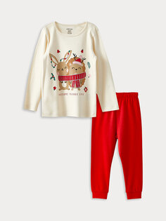 Пижамный комплект с круглым вырезом и длинными рукавами в новогоднем стиле для маленьких девочек LCW baby, кремового цвета