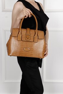 Платиновая женская сумка через плечо и сумка большого размера из натуральной кожи B8384 GÖNDERİ(R), тан-браун