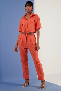 Укороченная рубашка с короткими рукавами и льняной завязкой 611AU007 Lela, апельсин