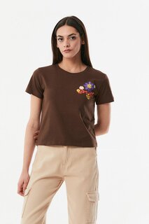 Укороченная футболка с круглым вырезом и принтом ромашки Fullamoda, коричневый