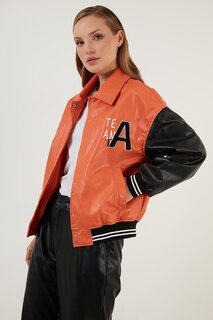 Куртка-бомбер из искусственной кожи Oversize с карманами 6230104 Lela, апельсин