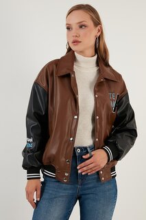 Куртка-бомбер из искусственной кожи Oversize с карманами 6230104 Lela, коричневый