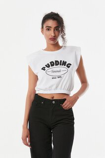 Укороченная футболка с текстовым принтом и мягкими плечами Fullamoda