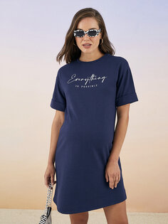 Платье для беременных с круглым вырезом и принтом с короткими рукавами LCWAIKIKI Maternity, светло-темно-синий