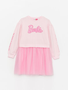 Платье для девочек с круглым вырезом и принтом Барби, длинными рукавами LCW Kids
