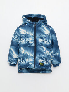 Лыжная куртка для маленьких мальчиков с капюшоном и длинными рукавами LCW baby, темно-синий с принтом