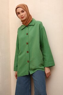 Льняная куртка с деревянными пуговицами и воротником-рубашкой с зелеными карманами ALL DAY