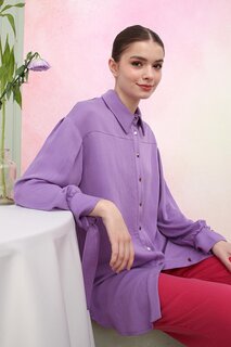 Фиолетовая туника-рубашка из натуральной ткани оверсайз с разрезом и деталью ALL DAY