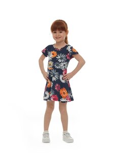 Платье для маленьких девочек с круглым вырезом и короткими рукавами Lovetti, темно-синий с принтом
