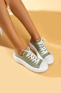 Льняные женские кроссовки на шнуровке на толстой подошве 57-101-23 Pembe Potin, зеленый