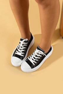 Льняные женские кроссовки на шнуровке на толстой подошве 57-101-23 Pembe Potin, черный
